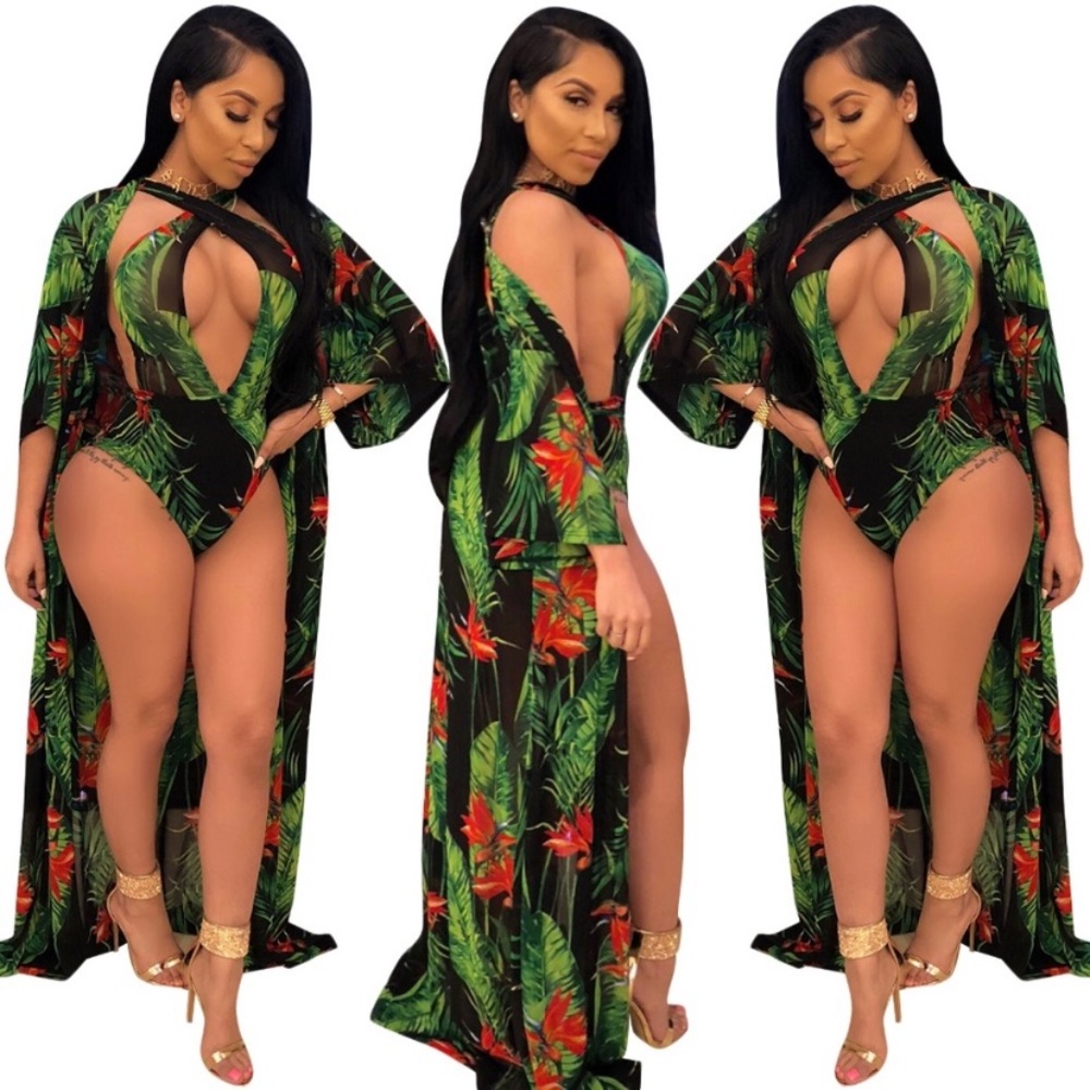 Tropical 2 piece swimsuit with chiffon cover up.
